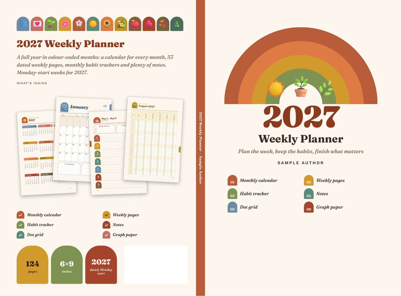 KDP wrap-around cover for a 6×9 weekly planner: back with four real pages, spine with title, front with a rainbow