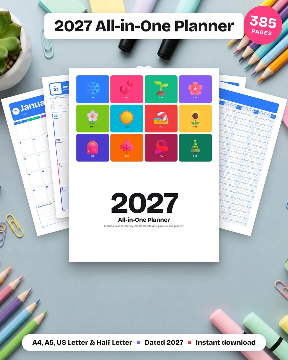 Color Pop 2027 planner on a desk with coloured pencils